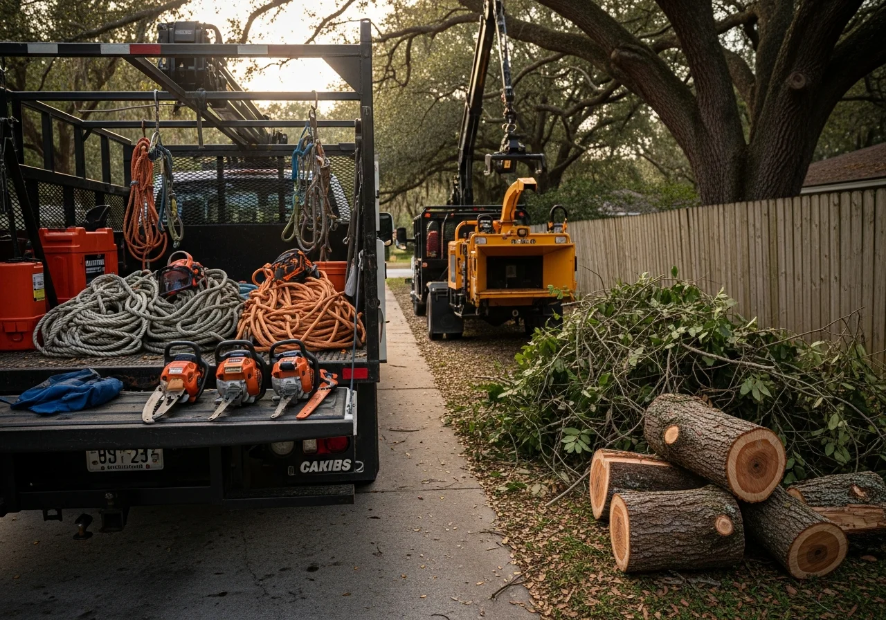Outdoor crew with professional tree removal and screening equipment staged at a residential property.
