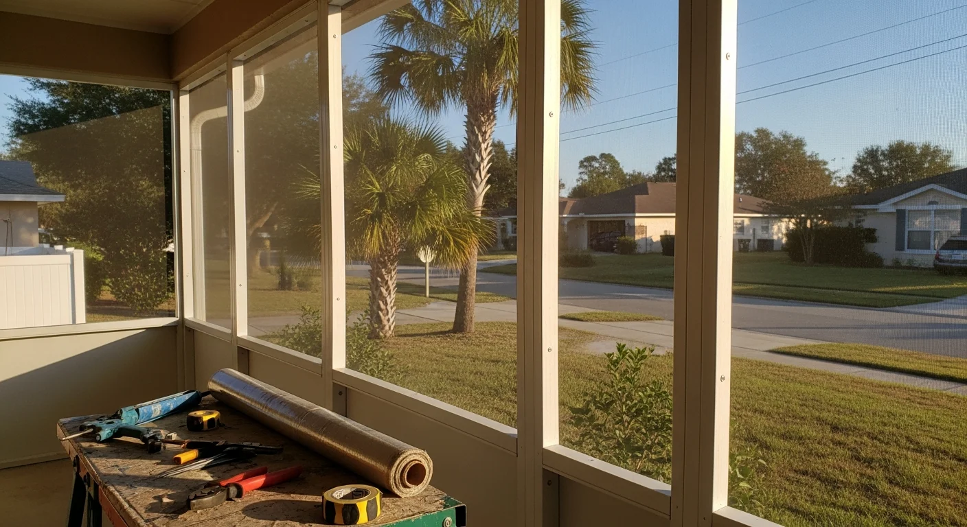 Newly installed screened porch attached to a residential home