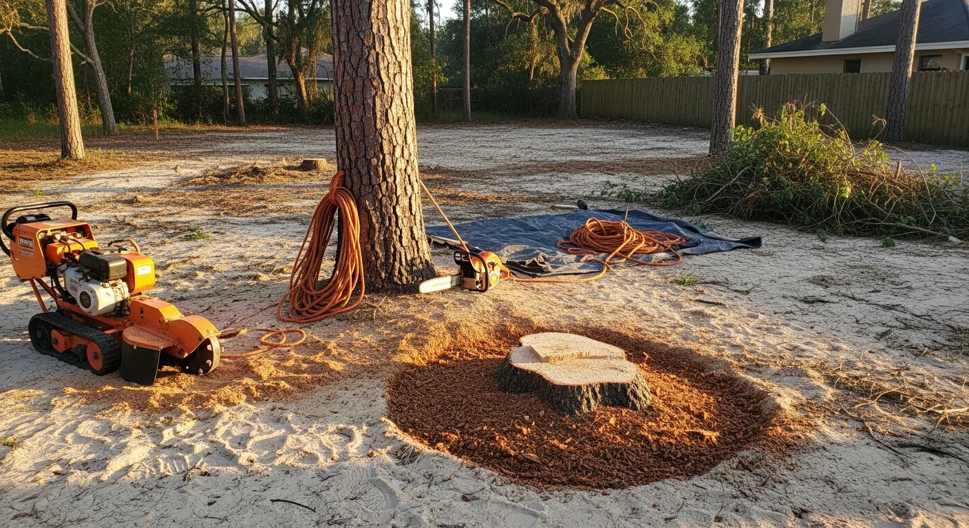 Professional arborist removing a large tree in a residential yard