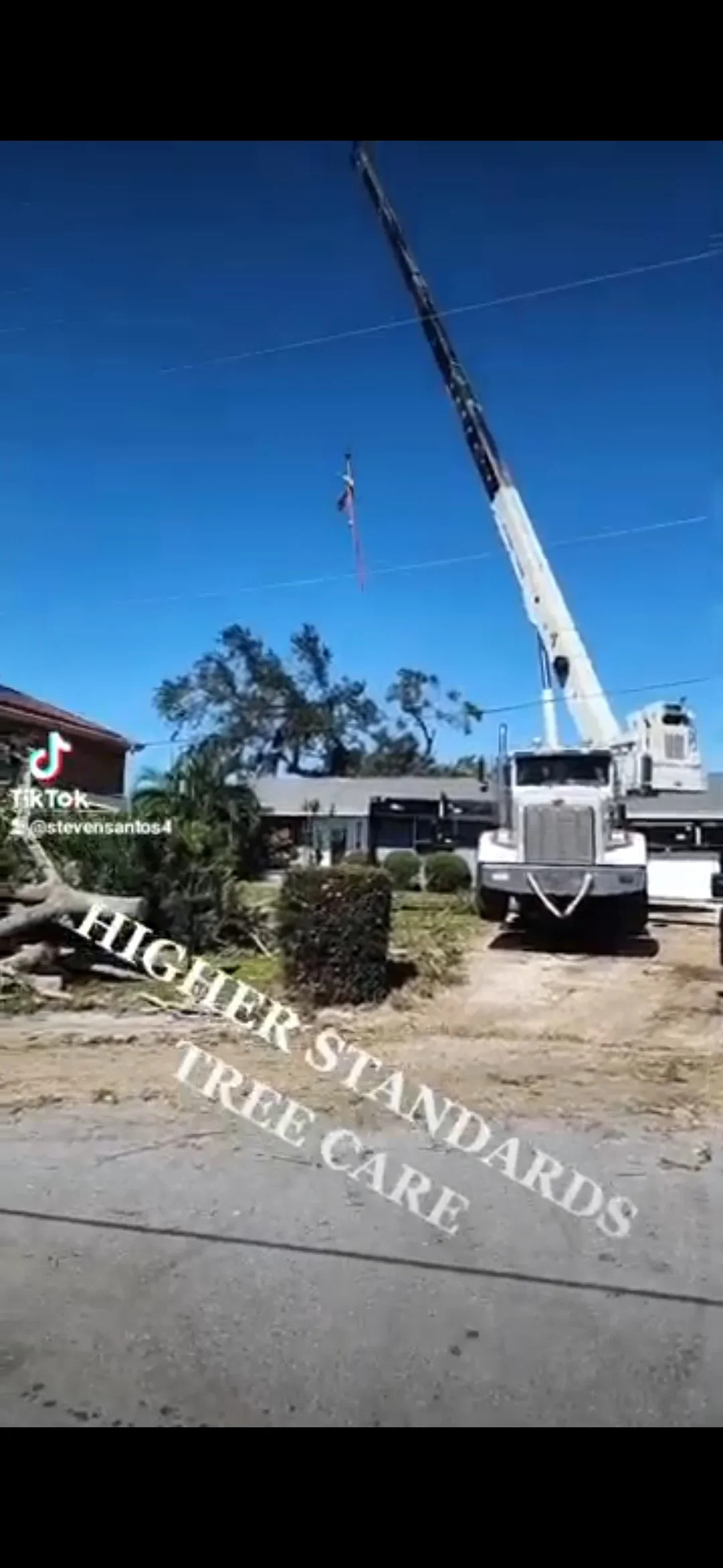 White crane truck removing tall tree from residential yard in Deltona with clear blue sky