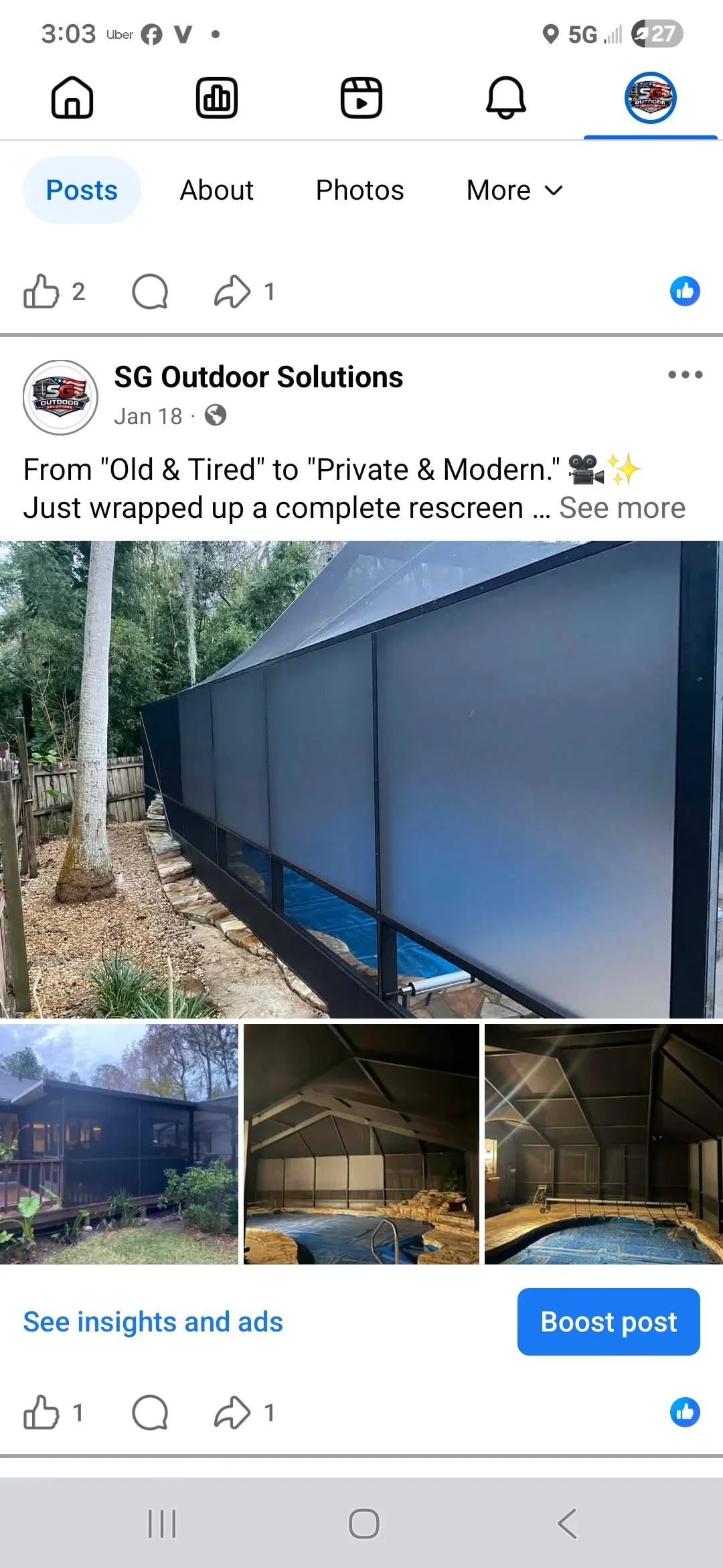 Modern black-framed pool enclosure with new screening installed around pool area