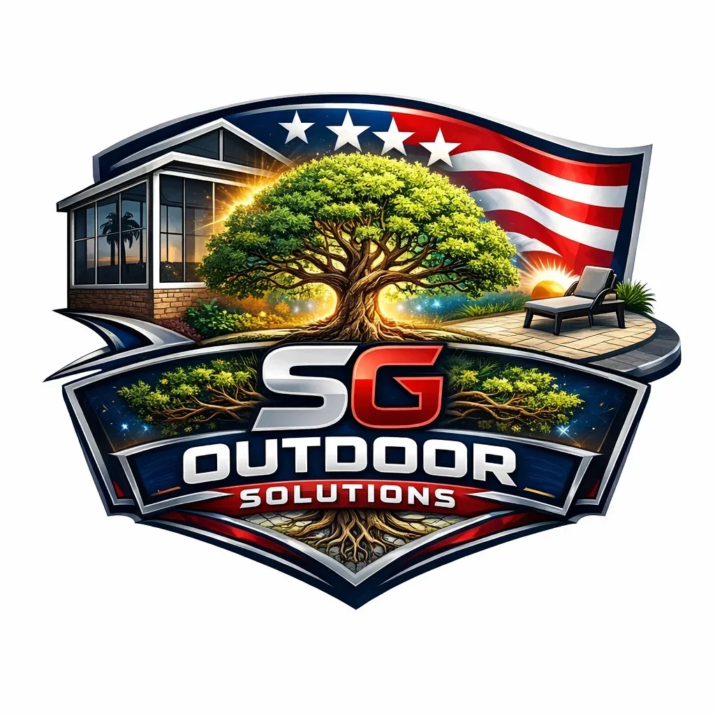 SG Outdoor Solutions logo with tree, home, and American flag design