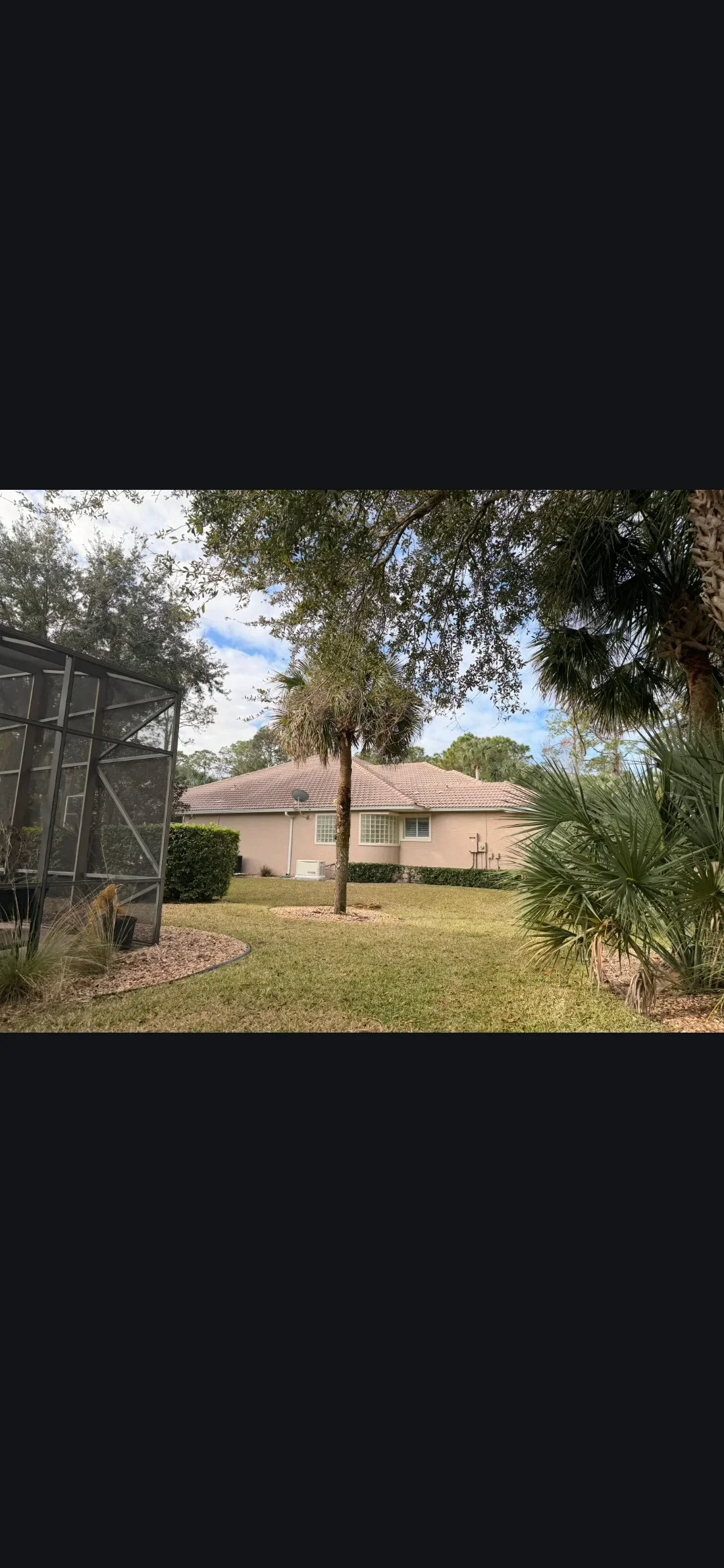 Cleared residential yard with mature palm and oak trees, pink stucco home, and screened porch