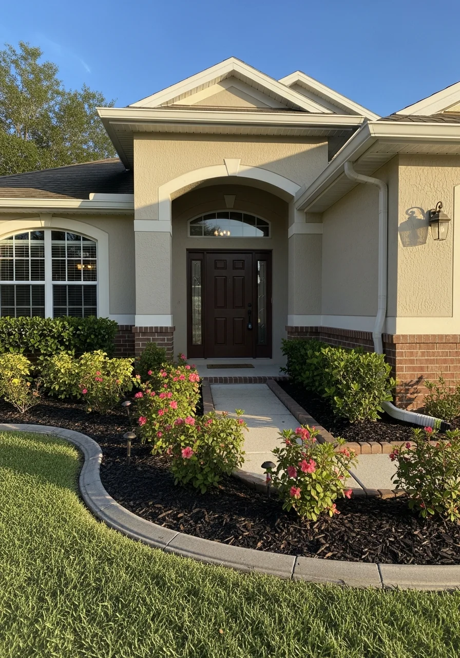 Close-up of a Deltona home's front entrance with landscaping and welcoming entryway.
