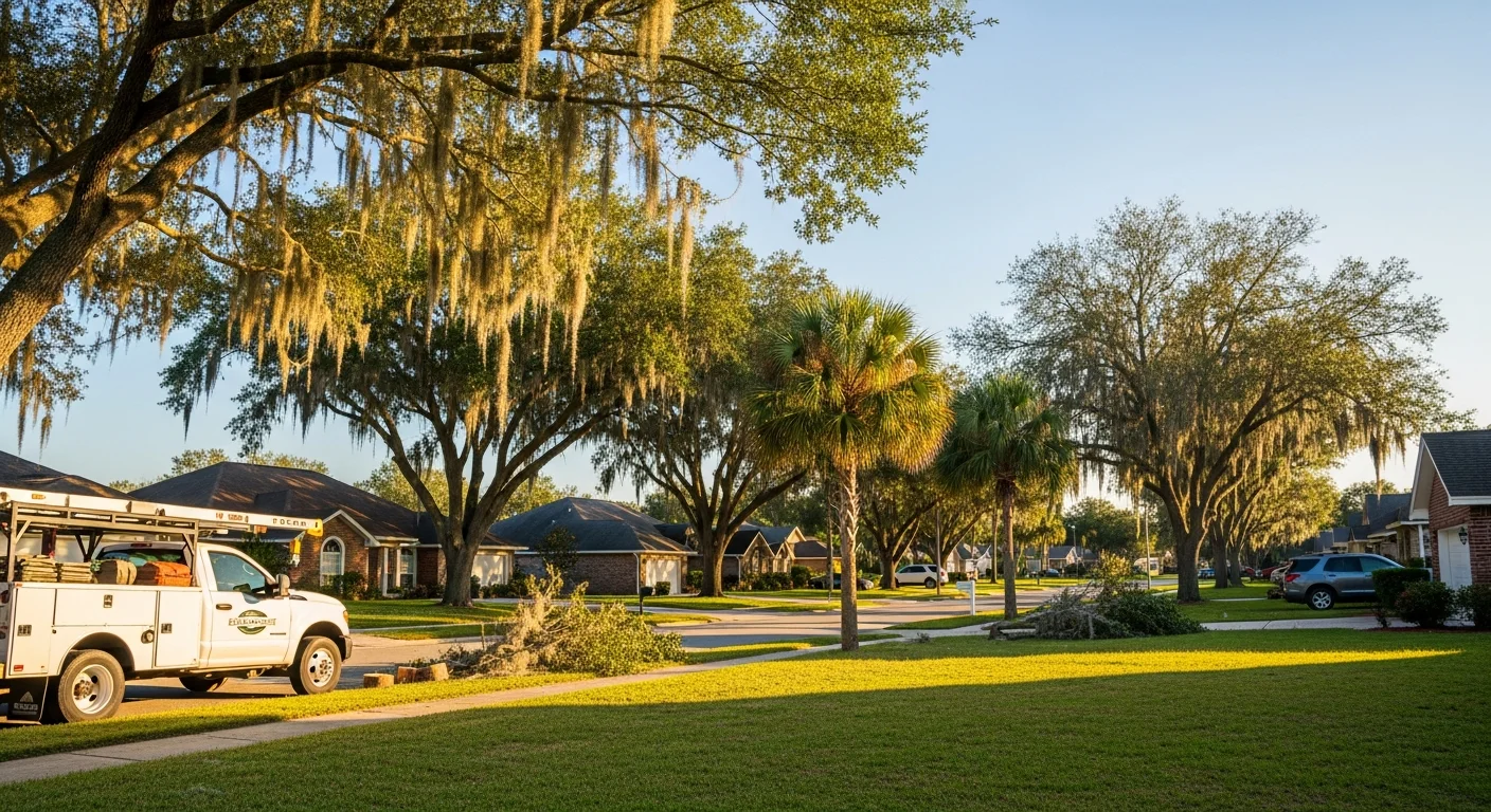 Deltona residential street with well-maintained single-family homes and mature trees under clear Florida sky.