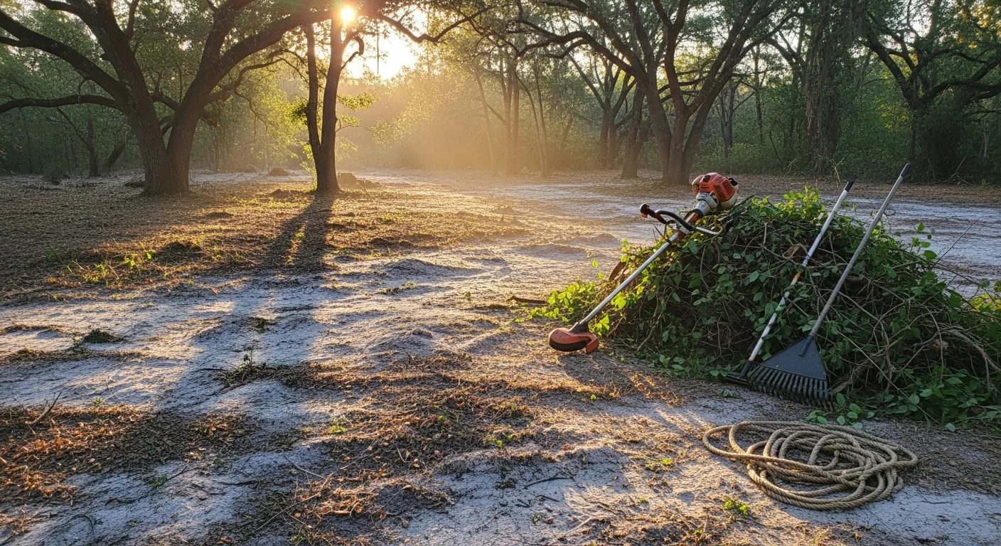 A cleared residential lot in Deltona, FL showing bare ground and open space after dense palmetto scrub and overgrown brush have been fully removed. Surrounding trees and lawn edges remain intact following professional brush removal by SG Outdoor Solutions.