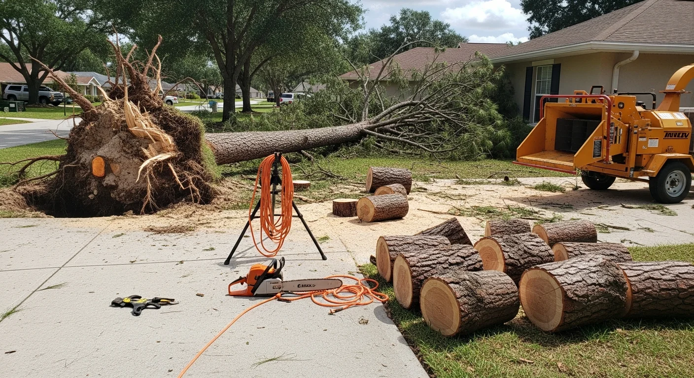 A large fallen slash pine removed from a Deltona residential property after a storm, with debris cleared and the yard restored. SG Outdoor Solutions crew equipment visible beside the cleared site.