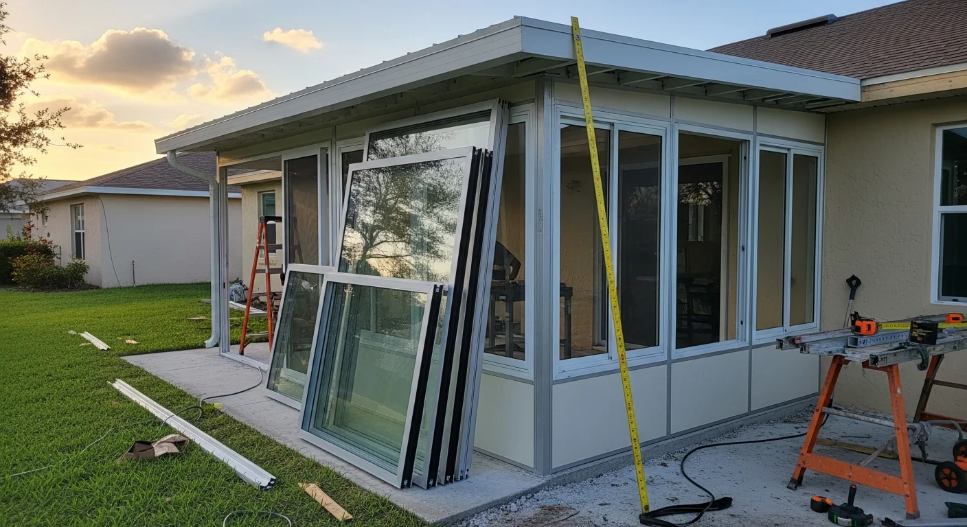 A newly constructed Florida room addition on a single-family home in Deltona, FL, featuring large glass panel walls, an aluminum frame, and a solid insulated roof overlooking a backyard. The enclosed space is shown furnished as a casual sitting area with natural light filling the room.
