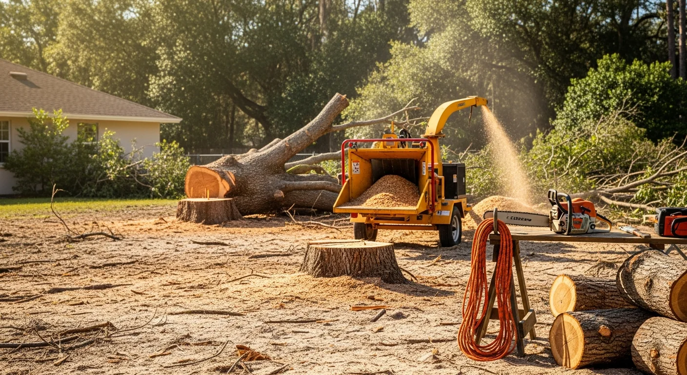 A large hazardous slash pine being removed in sections by a tree service crew in a Deltona, Florida residential yard. The tree shows a visible lean toward a single-family home with cleared debris on the ground below.