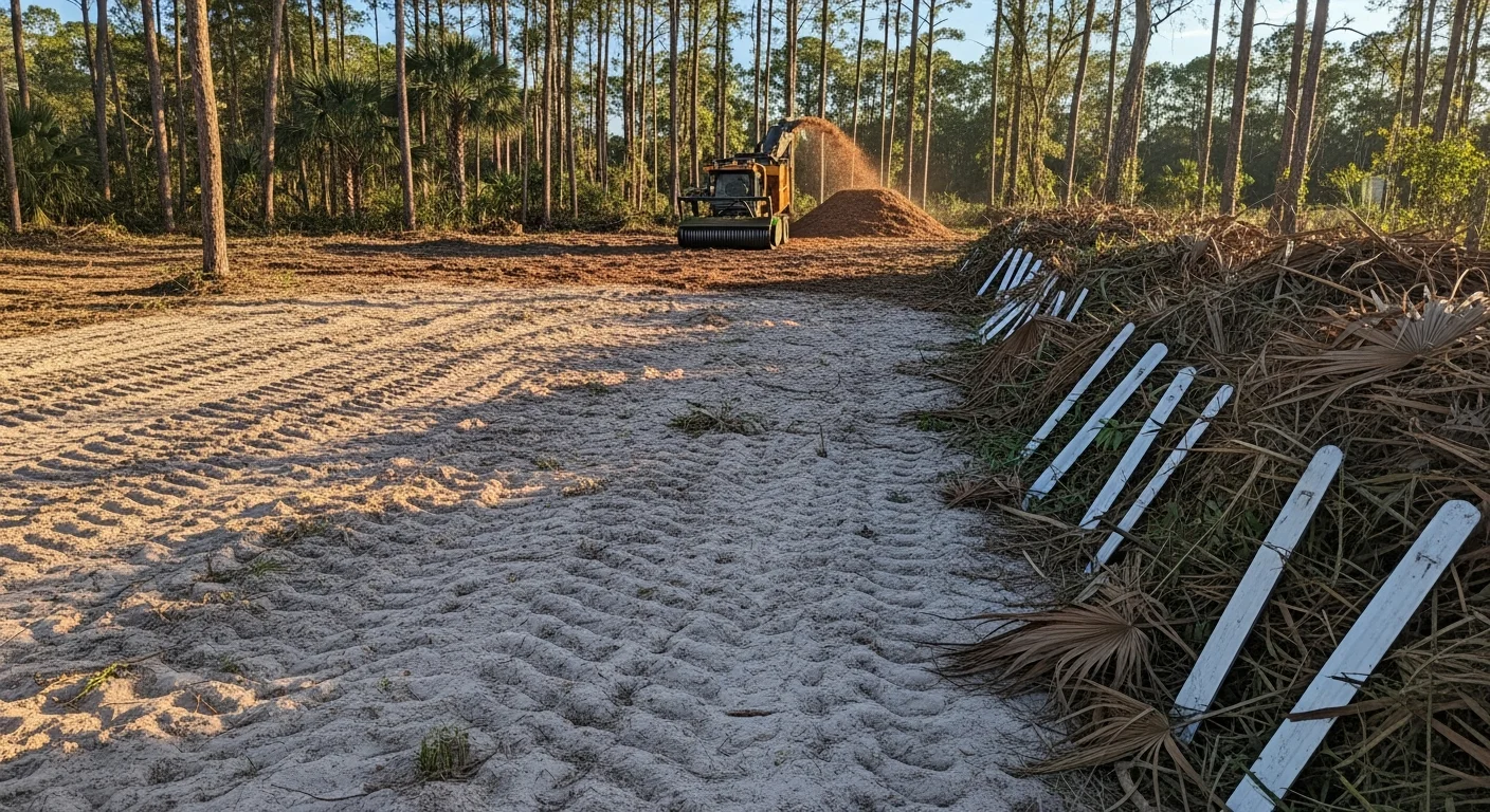 A freshly cleared residential lot in Deltona, FL showing open ground with stumps removed and brush fully cut back. Heavy Florida flatwoods vegetation borders the property edge, contrasting the clean, accessible cleared area.