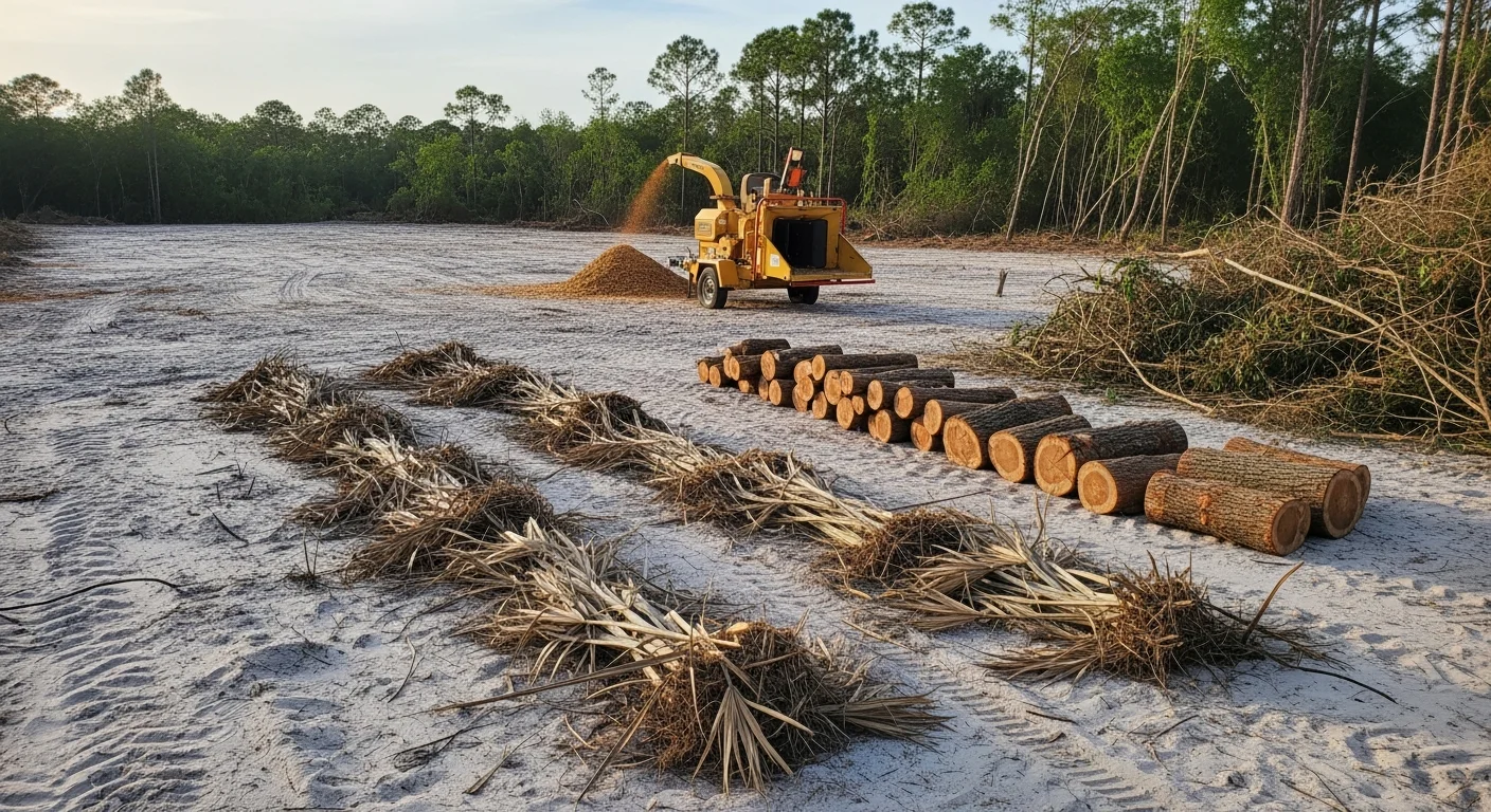 A Deltona residential lot after professional clearing, showing open ground free of saw palmetto, brush, and woody overgrowth. Equipment tracks and a clean soil surface indicate recent stump and debris removal in preparation for landscaping.