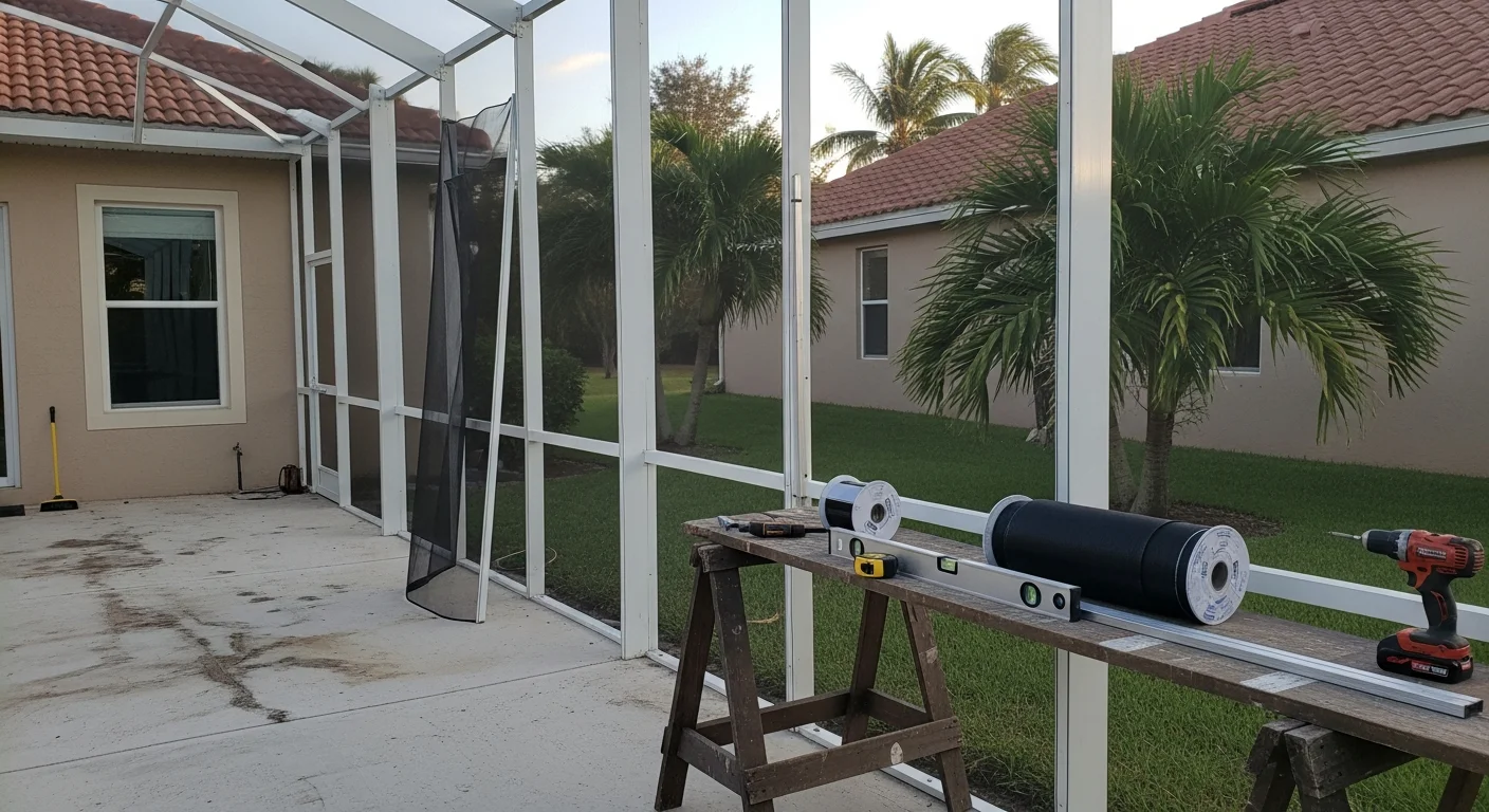 A newly installed aluminum-framed screen enclosure covering a backyard patio and pool area at a single-family home in Deltona, Florida. The enclosure features tight mesh panels and a clean roofline that matches the home's existing structure.