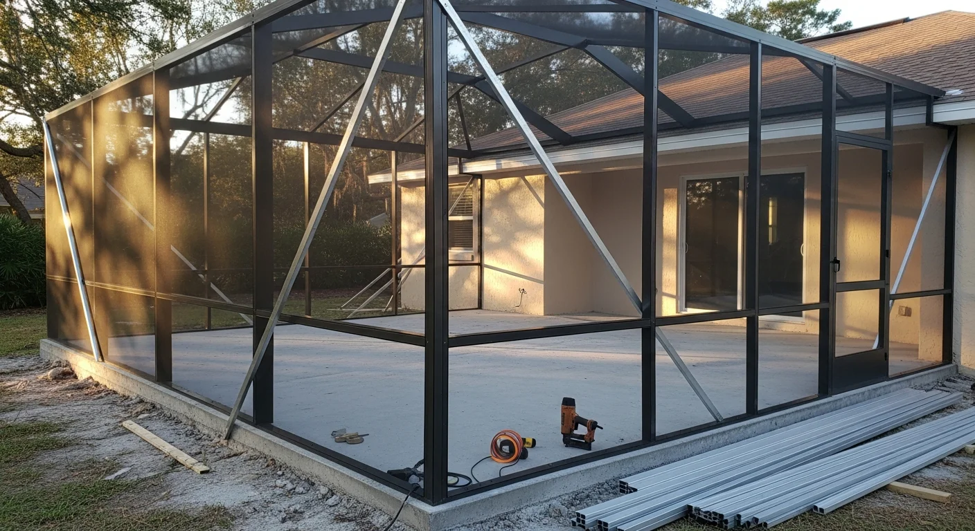 A newly constructed aluminum-framed screen porch attached to the back of a single-family home in Deltona, Florida. The enclosed porch features taut mesh screening on all sides with a covered roof, overlooking a residential backyard.