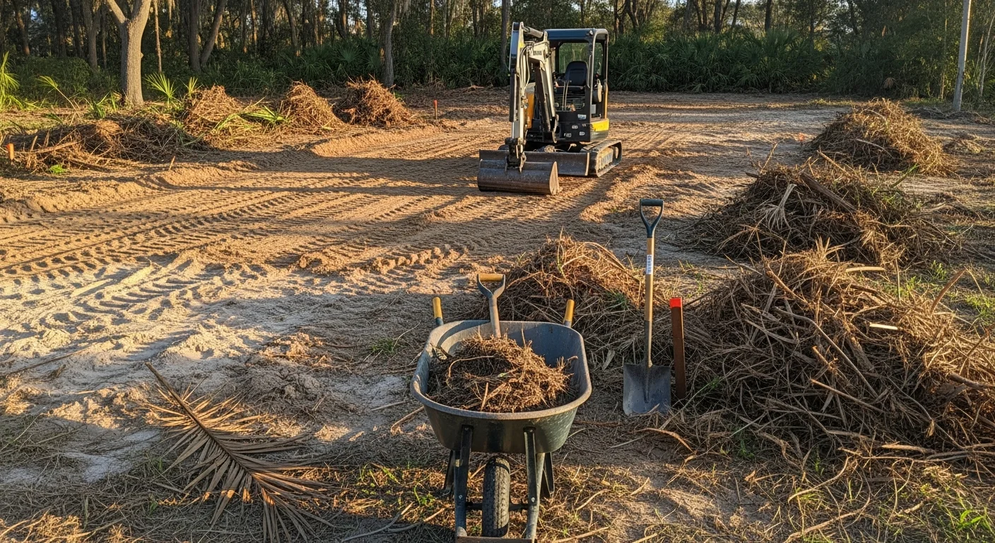 A Deltona residential lot after professional site preparation, showing cleared vegetation, leveled sandy soil, and a smooth graded surface ready for landscaping installation. SG Outdoor Solutions site prep work in Volusia County, Florida.