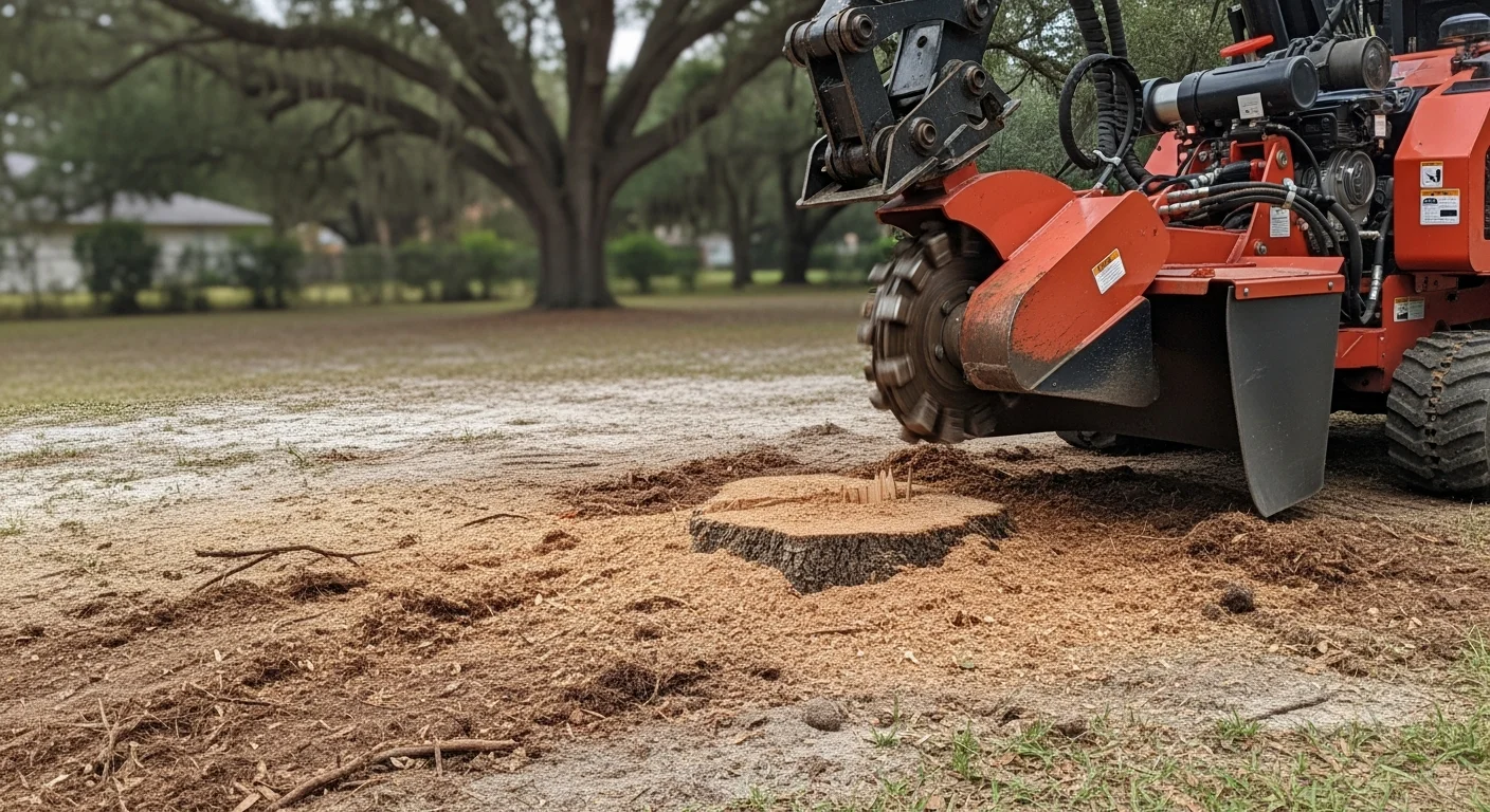 A freshly ground tree stump on a Deltona, FL residential lawn, with wood chips filling the void and surrounding grass left undisturbed. The cleared area is level and ready for sod or new landscaping.