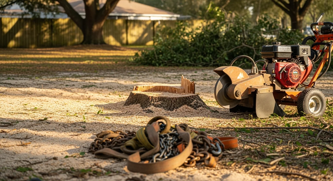 A large slash pine tree being sectionally removed in a Deltona residential backyard, with cut sections on the ground and a cleared yard visible near the home's roofline.