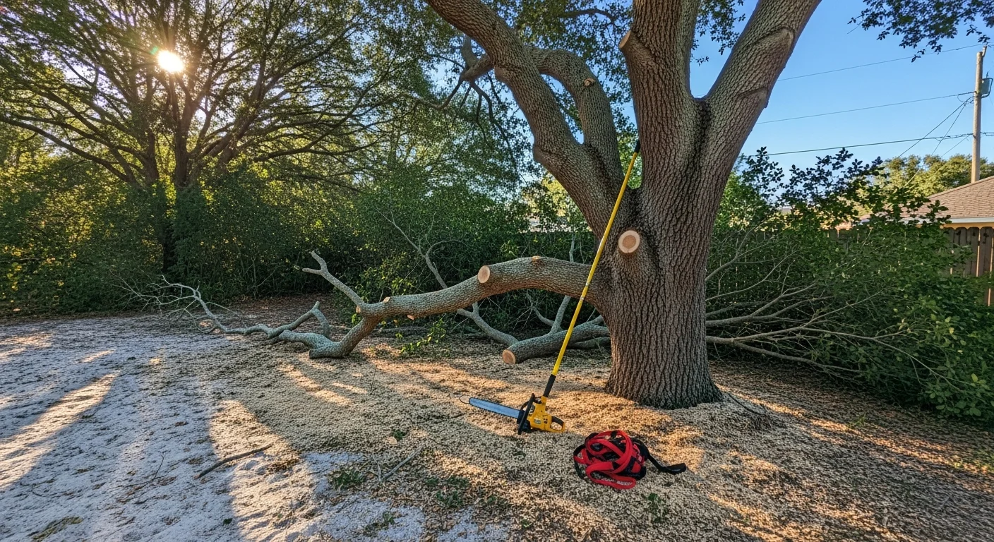 A Deltona residential property with a mature live oak after professional crown thinning by SG Outdoor Solutions, showing cleared limbs away from the roofline and a clean yard below. A crew member in safety gear is visible on the ground beside removed branches.