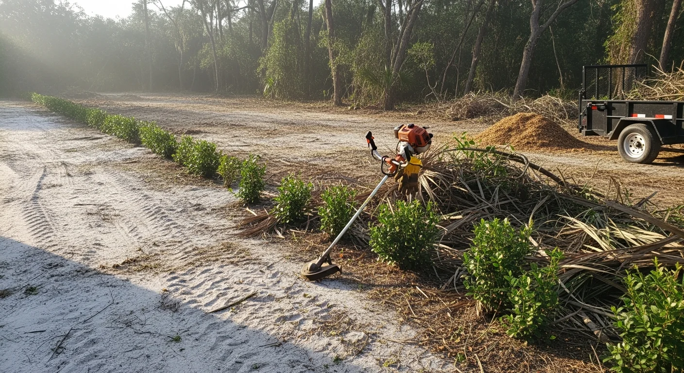 A cleared Deltona residential yard after professional vegetation removal, showing open ground free of overgrown brush, saw palmetto, and woody shrubs. Hauled debris is gone and the lot is clean and accessible.